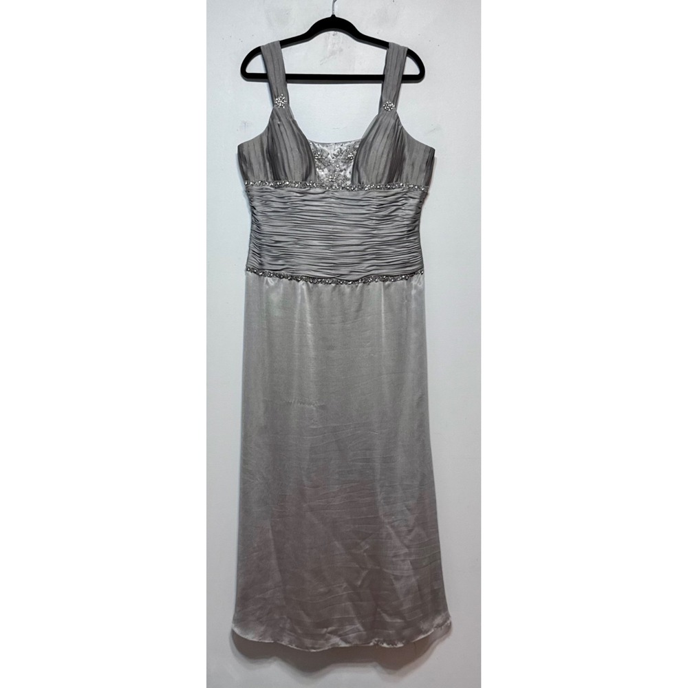 Jean De Lys Old Money Satin Beaded Gown Sz 16‎ Silver Formal Maximalist Y2K Chic